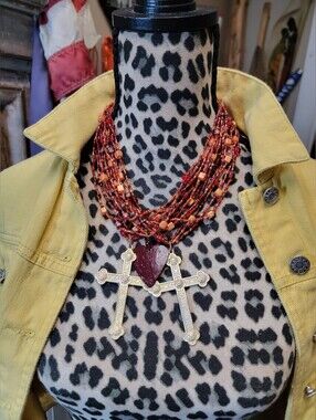 Artisian Beaded Multi-Strand Necklace with Gold Crosses & Heart Pendant